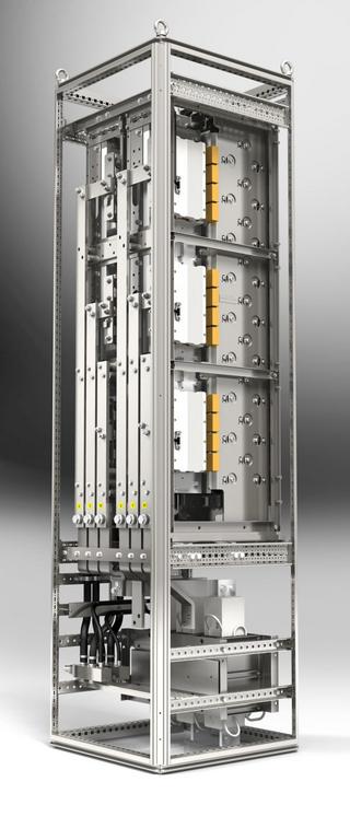 An example of two stacks integrated into a 600 x 600 x 2,200mm cabinet, equipped with water-cooled du/dt filter